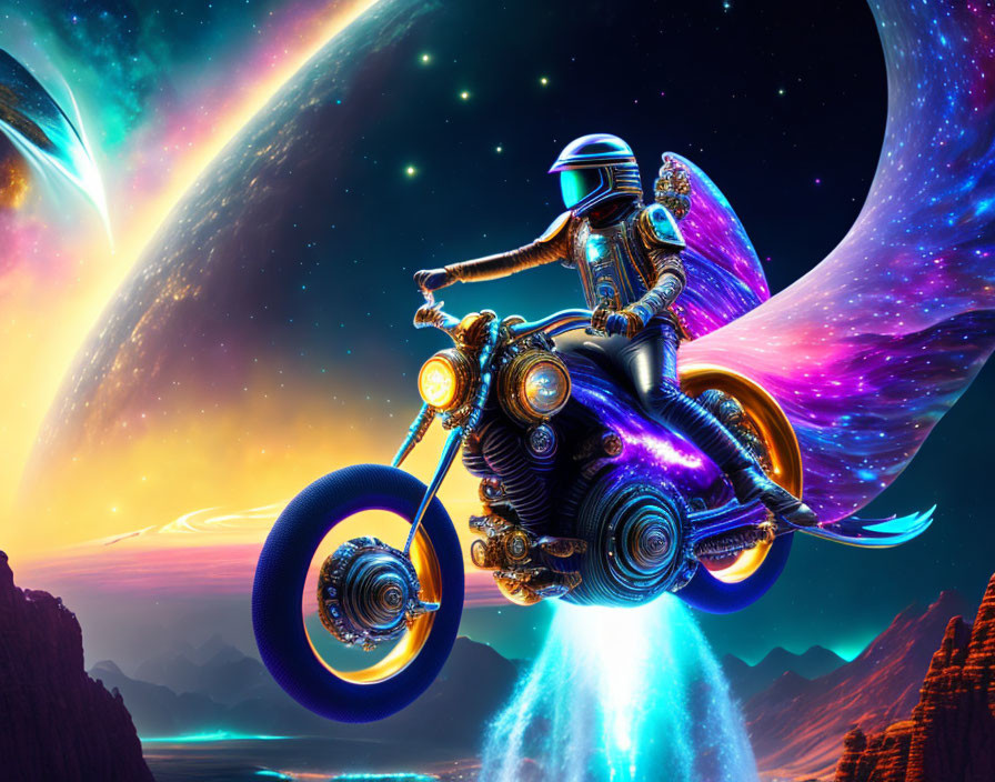 Astronaut on futuristic space motorcycle with vibrant nebulae, celestial bodies, and alien landscape