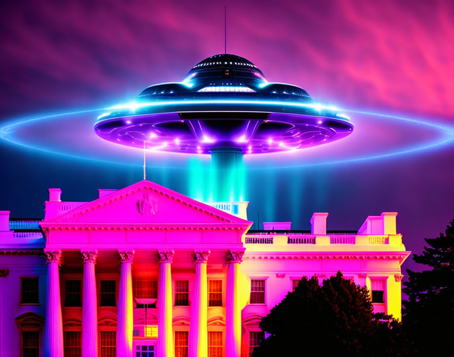 Colorful UFO hovering above White House against purple and pink sky