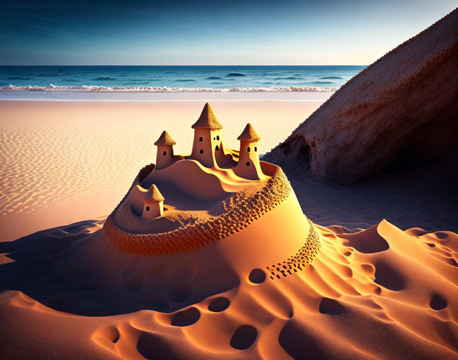 Detailed Sandcastle with Towers on Sandy Beach at Sunset