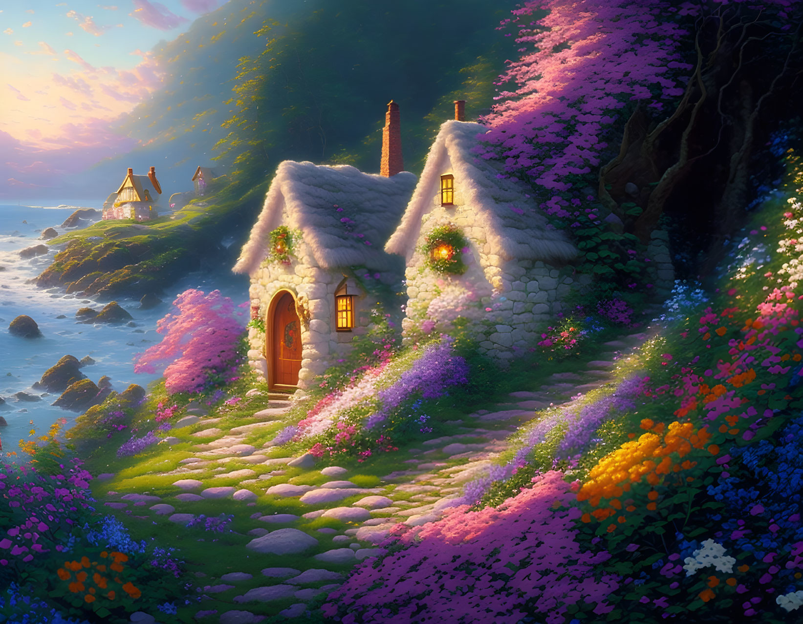 Thatched roof cottage surrounded by flowers at sunset