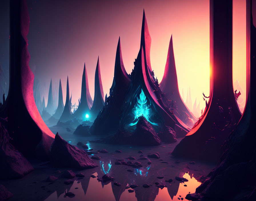 Alien landscape with towering spiky formations under pink and orange sky