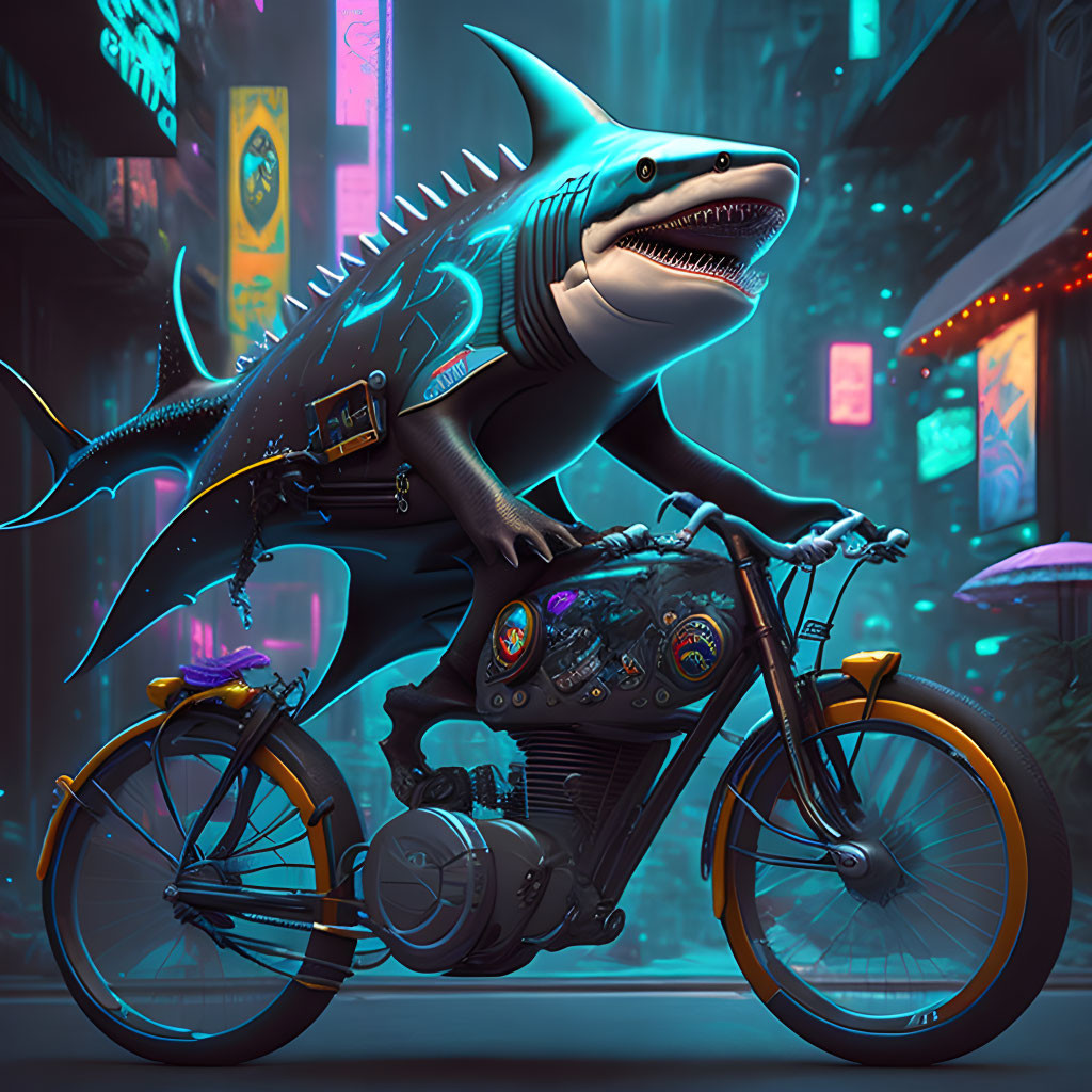 Anthropomorphic shark on motorcycle in neon-lit city