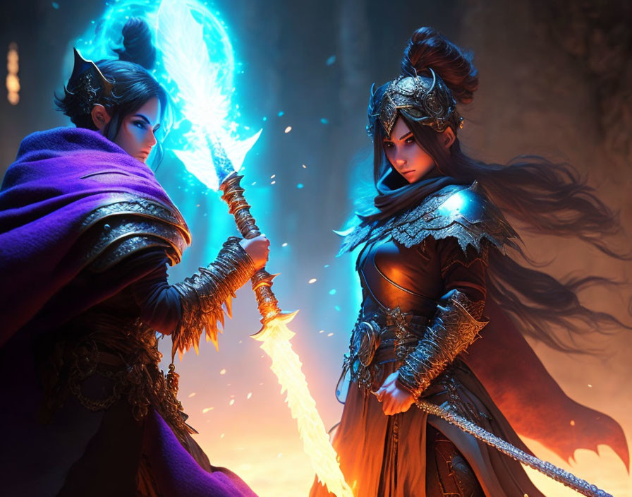 Animated fantasy characters in elaborate armor with glowing blue staff, face off in mystical setting