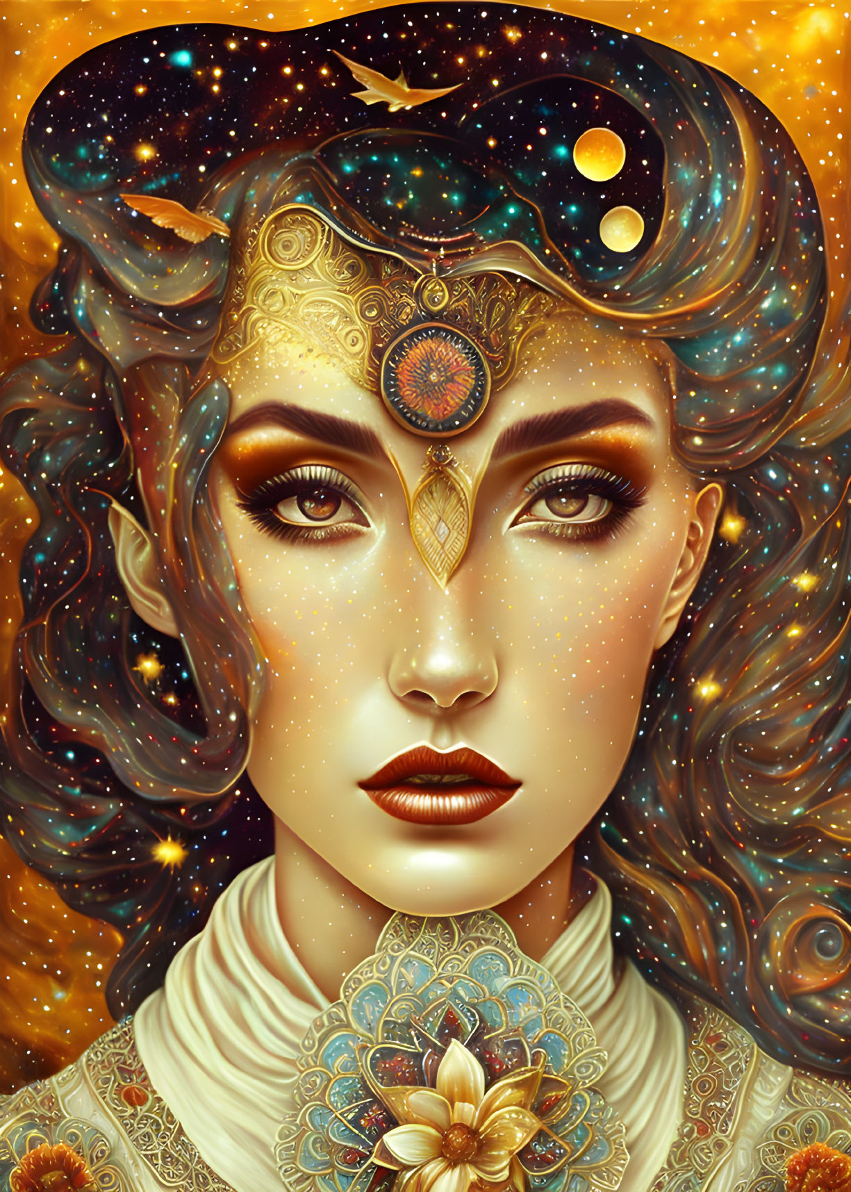 Cosmos-themed digital portrait of a woman with mystical gaze and ornate jewelry