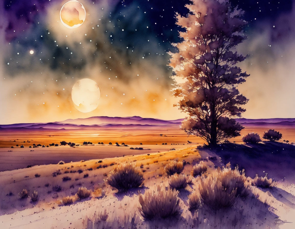 Desert night scene with large tree under two moons and stars in warm watercolors