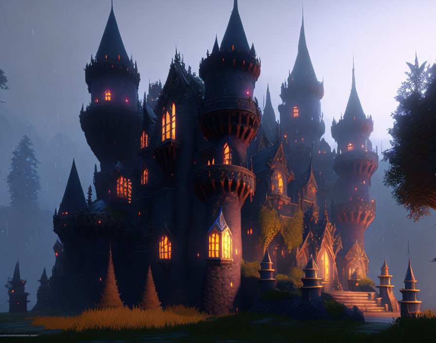 Mystical Castle at Twilight with Lit Windows and Towering Spires