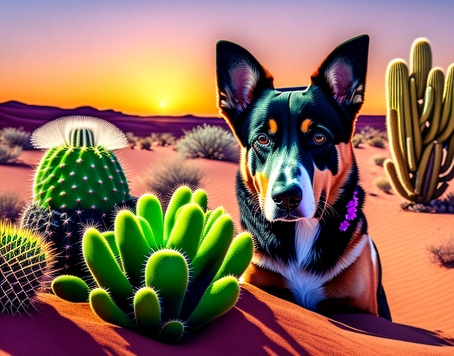 Vibrant Dog Illustration Among Cacti and Desert Sunset