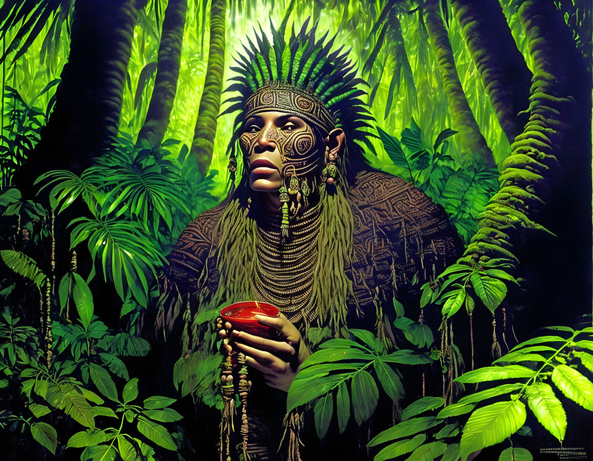 Indigenous person in traditional attire with face paint holding red bowl in lush jungle.