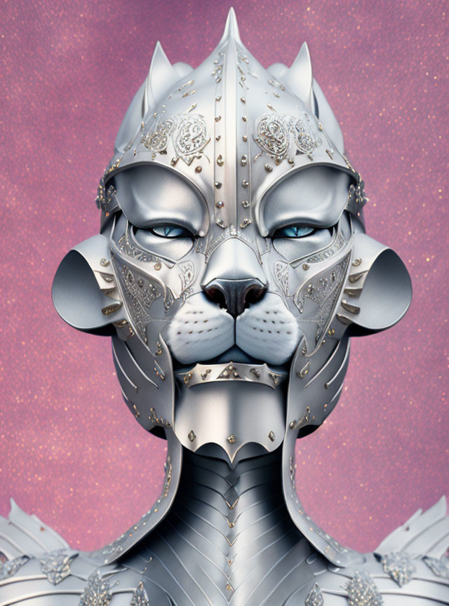 Detailed humanoid face with feline features in metallic armor on pink background