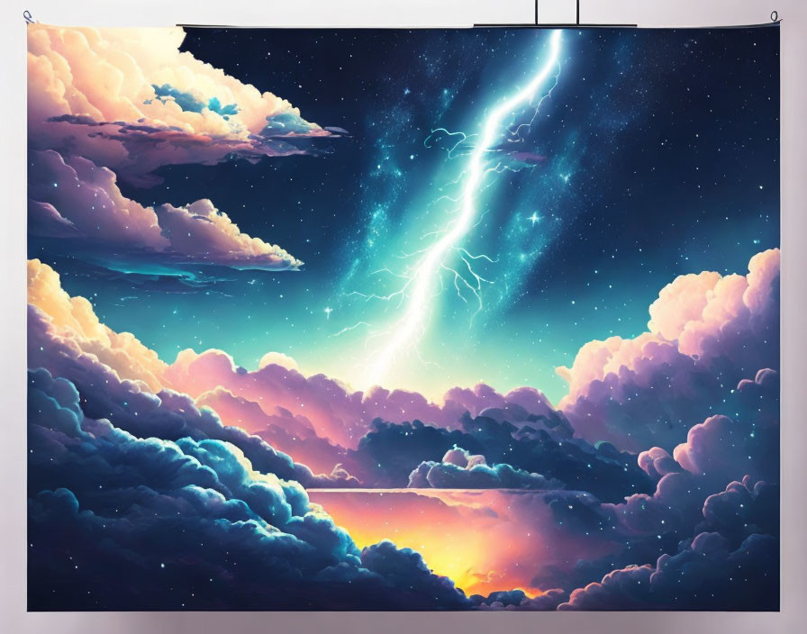 Colorful digital artwork: sunset, fluffy clouds, lightning bolt, stars