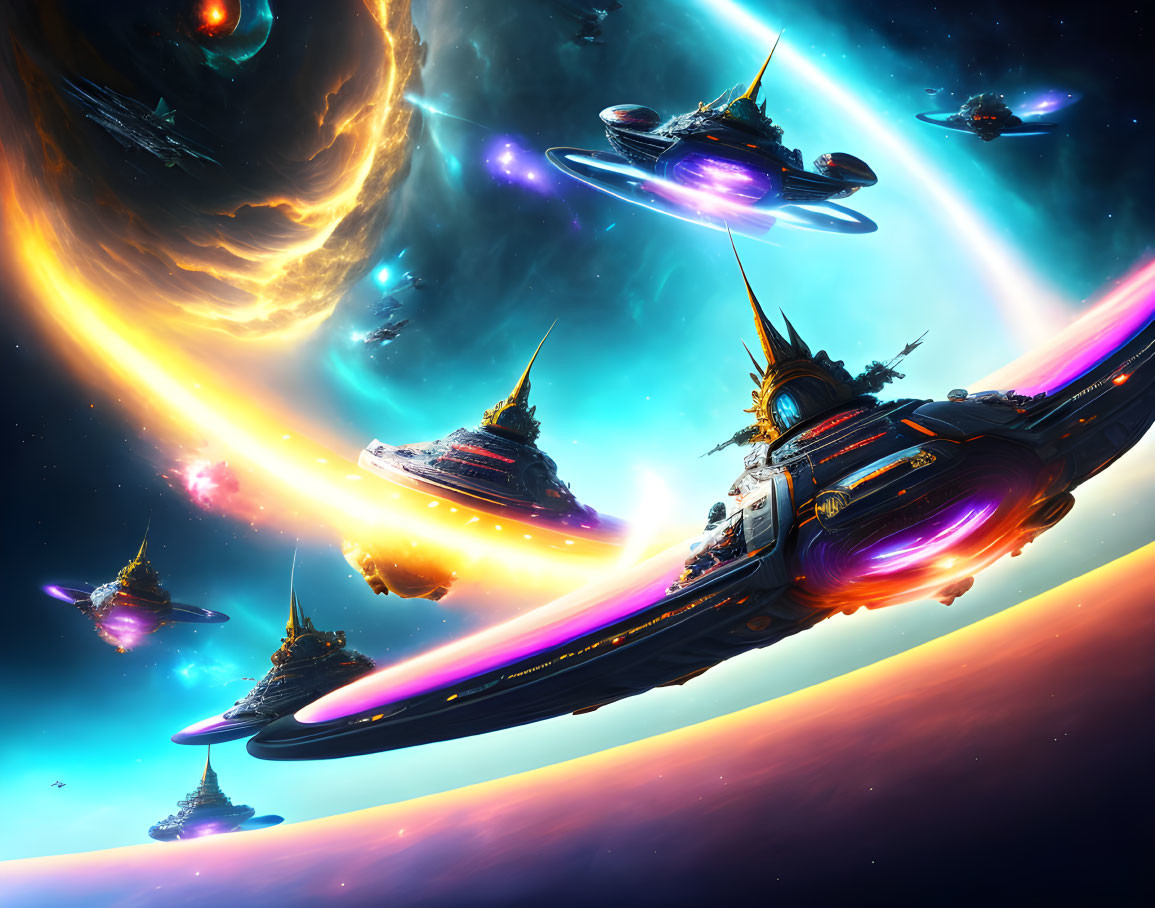 Futuristic spaceships in vibrant cosmic scenery