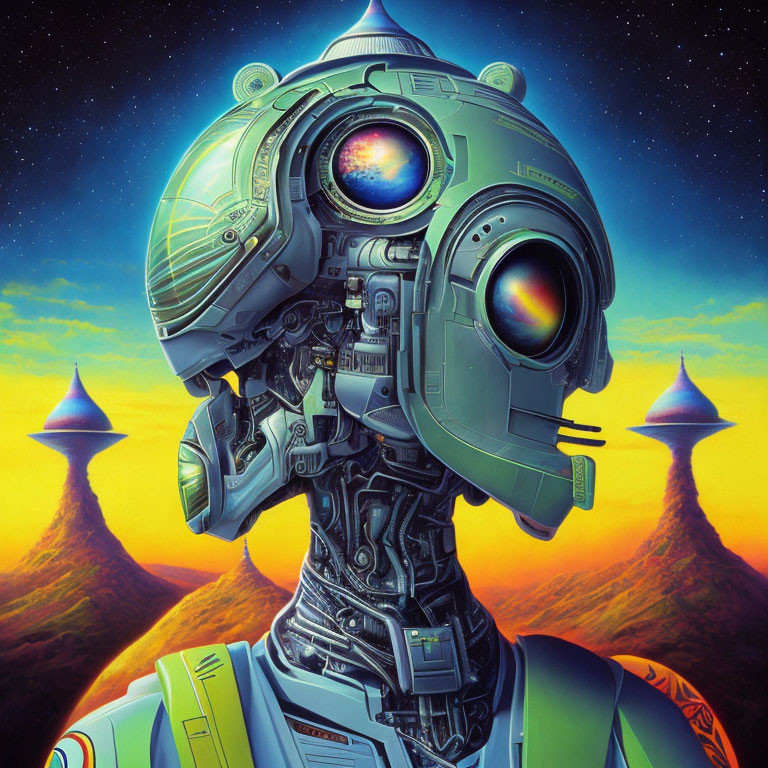 Intricate futuristic robot head on alien landscape with colorful sky