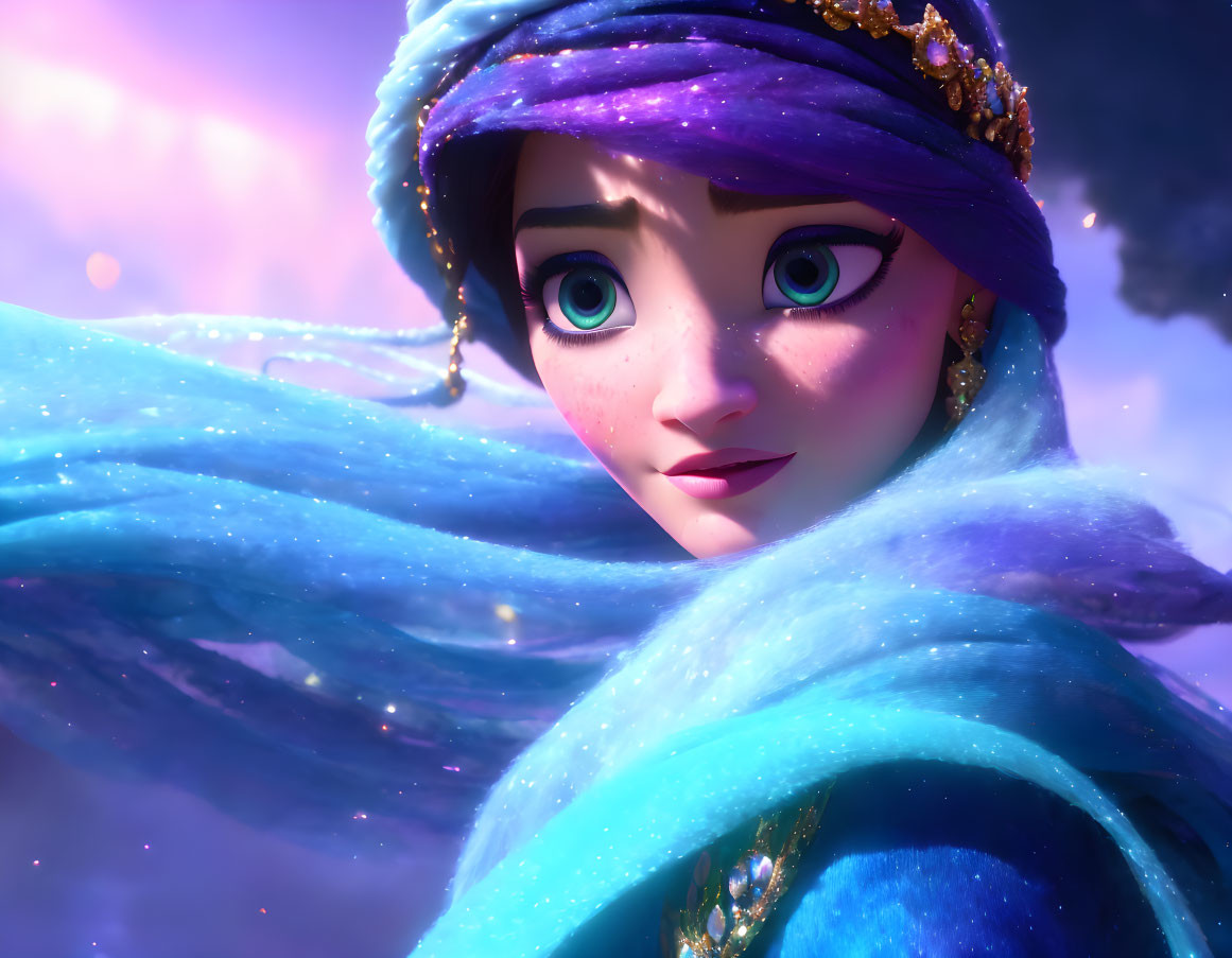 Green-eyed animated character in purple headscarf and blue shawl against cloudy sky