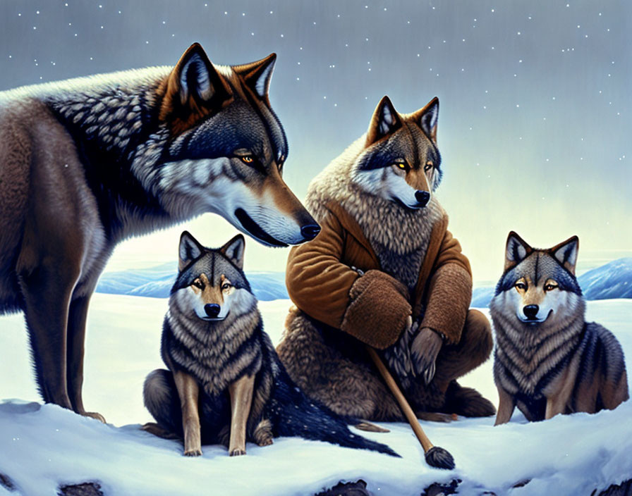 Anthropomorphic wolves in winter attire with wooden staff in snowy setting