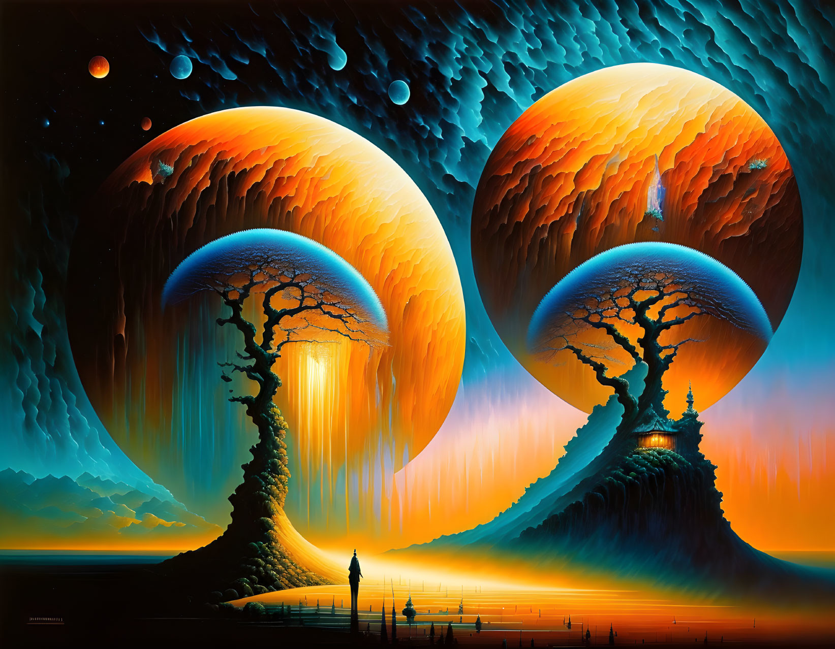 Vibrant sci-fi landscape with large planets, towering trees, and lone figure