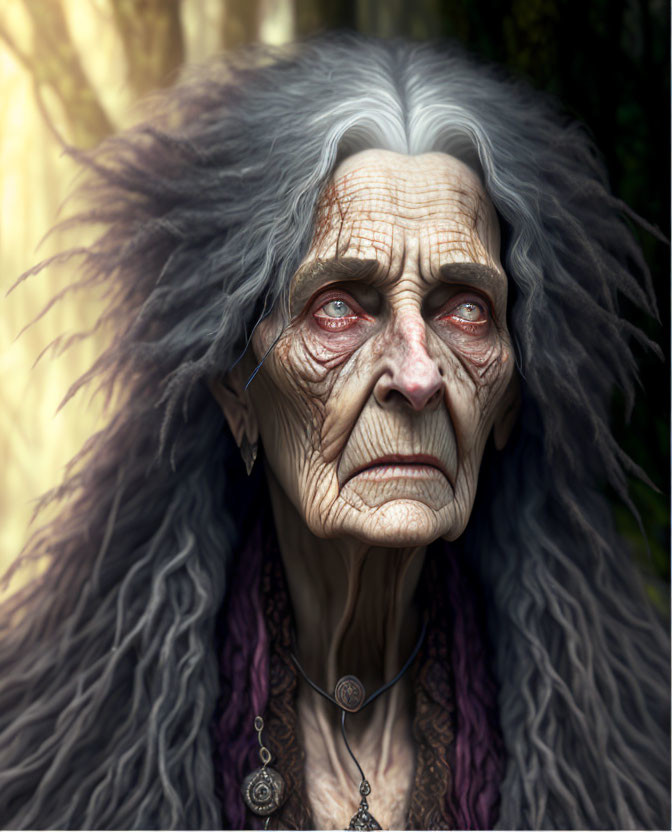 Elderly woman with deep wrinkles and gray hair in mystical setting