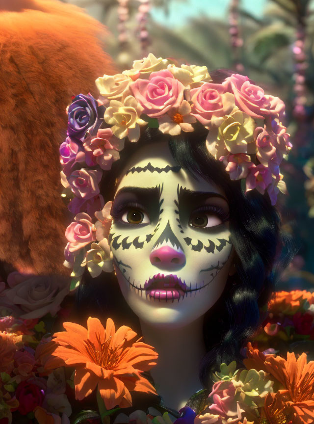 Woman with Dia de los Muertos face paint and flower crown in vibrant orange floral setting.