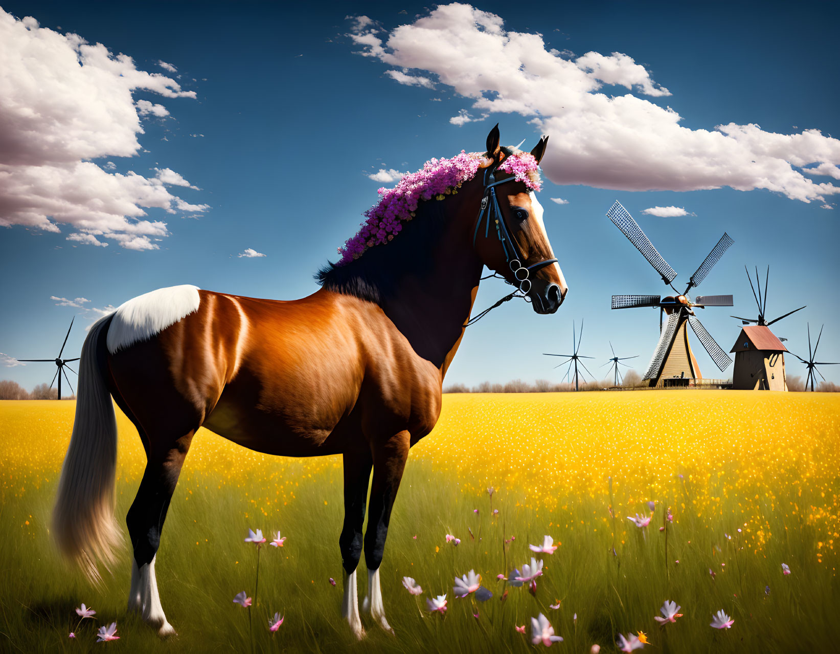 Brown horse with floral headpiece in field of yellow flowers under blue sky.