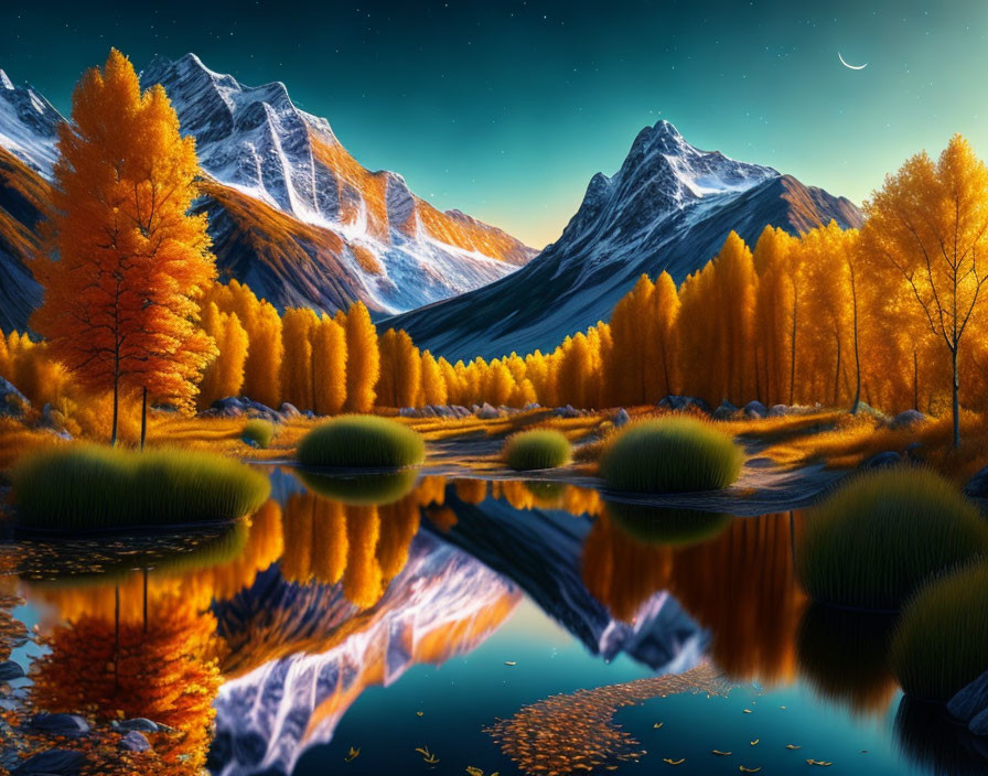 Tranquil autumn dusk scene: orange trees, snowy mountains, starry sky