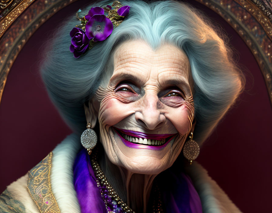 Elderly Woman with Blue Hair in Purple Attire