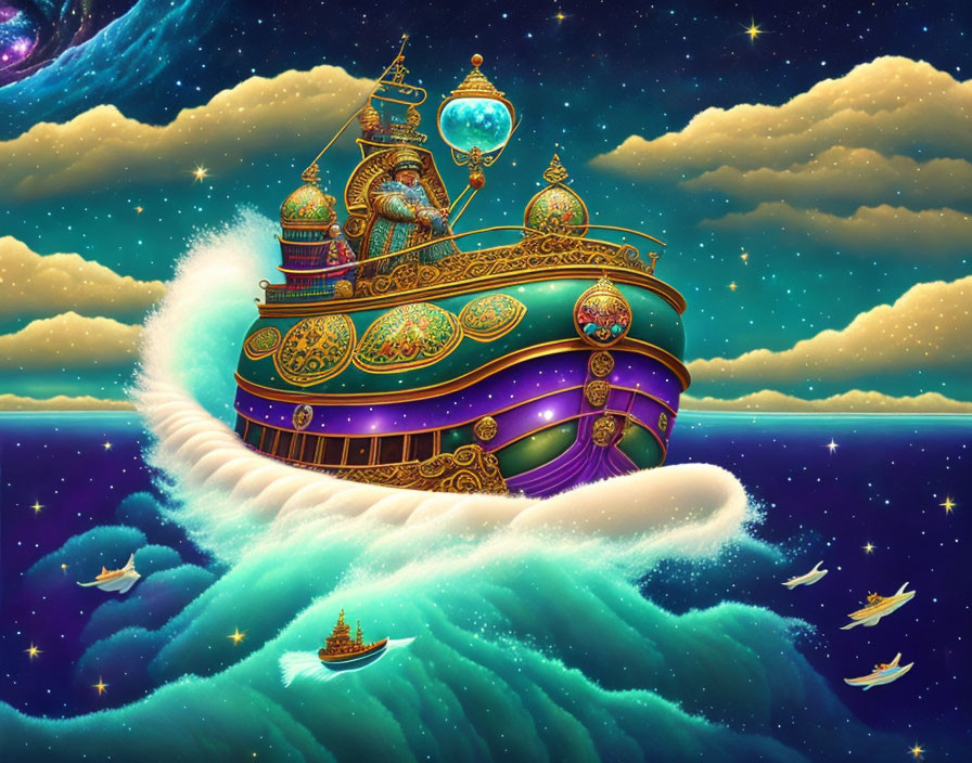 Ornate ship sailing over night sky waves with figure at helm