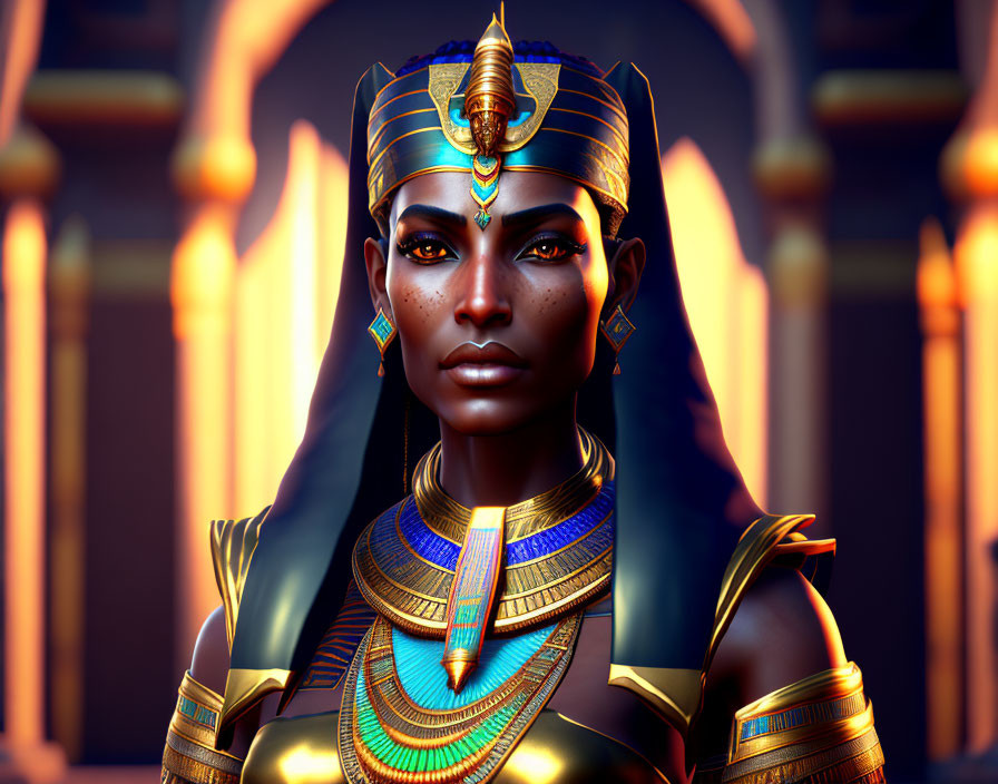 Digital artwork of regal woman in Egyptian-style headdress with gold and lapis lazuli, surrounded