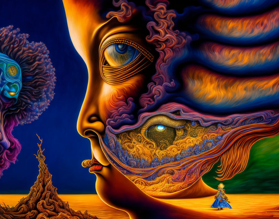 Colorful Surrealist Painting of Large Face with Integrated Landscapes and Patterns