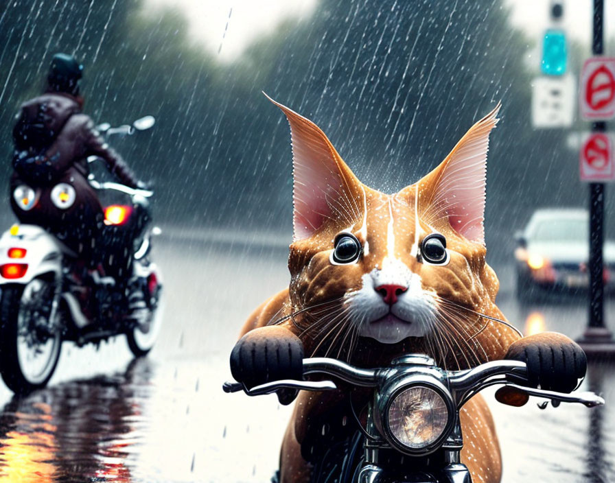 Exaggerated-eared cat on mini motorcycle in rainy street