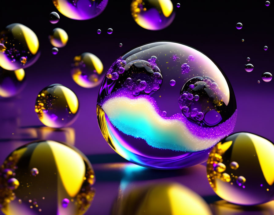 Colorful 3D rendering of luminescent bubbles on reflective purple surface