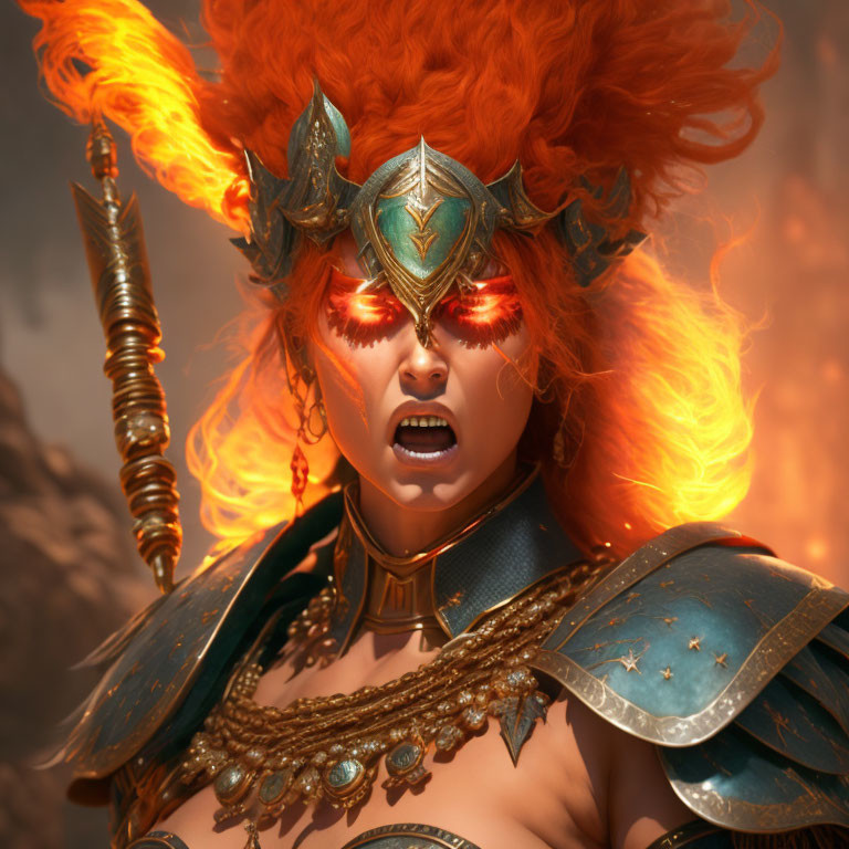 Fiery warrior with flaming hair and golden armor in intense pose