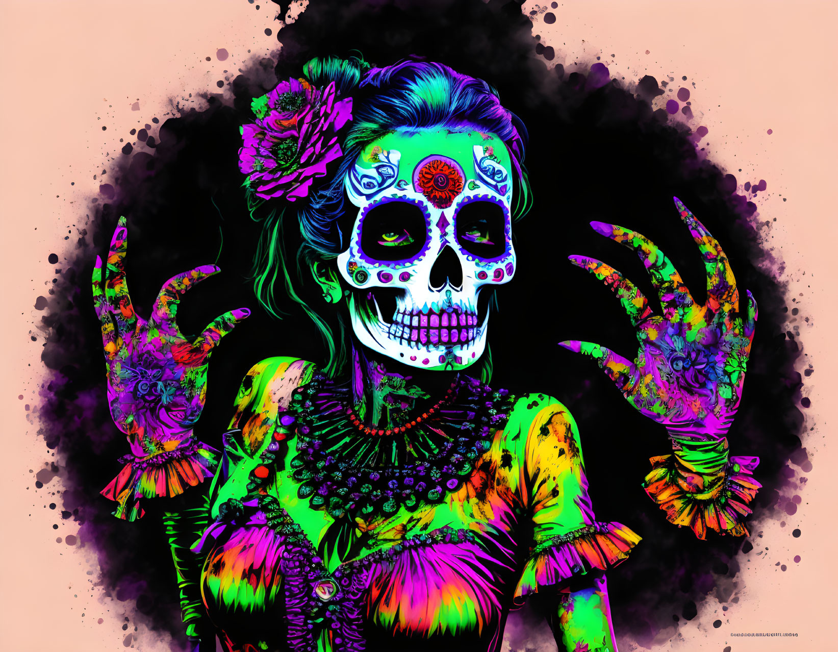 Colorful Day of the Dead skeleton illustration on dark backdrop