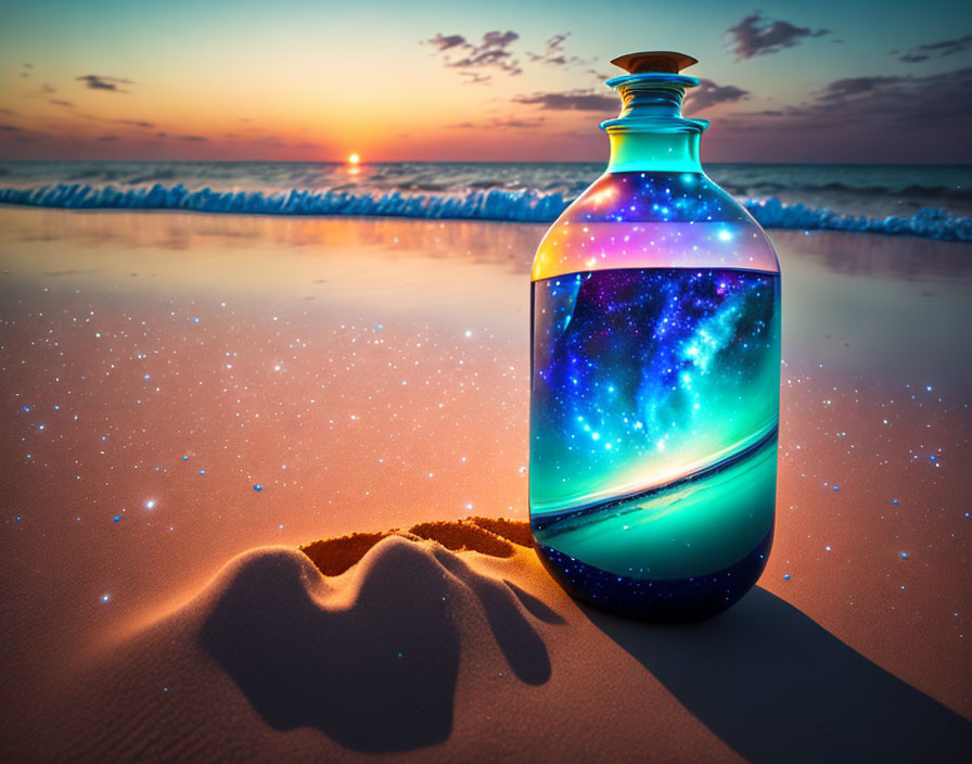 Galaxy-themed bottle on sandy beach at sunset