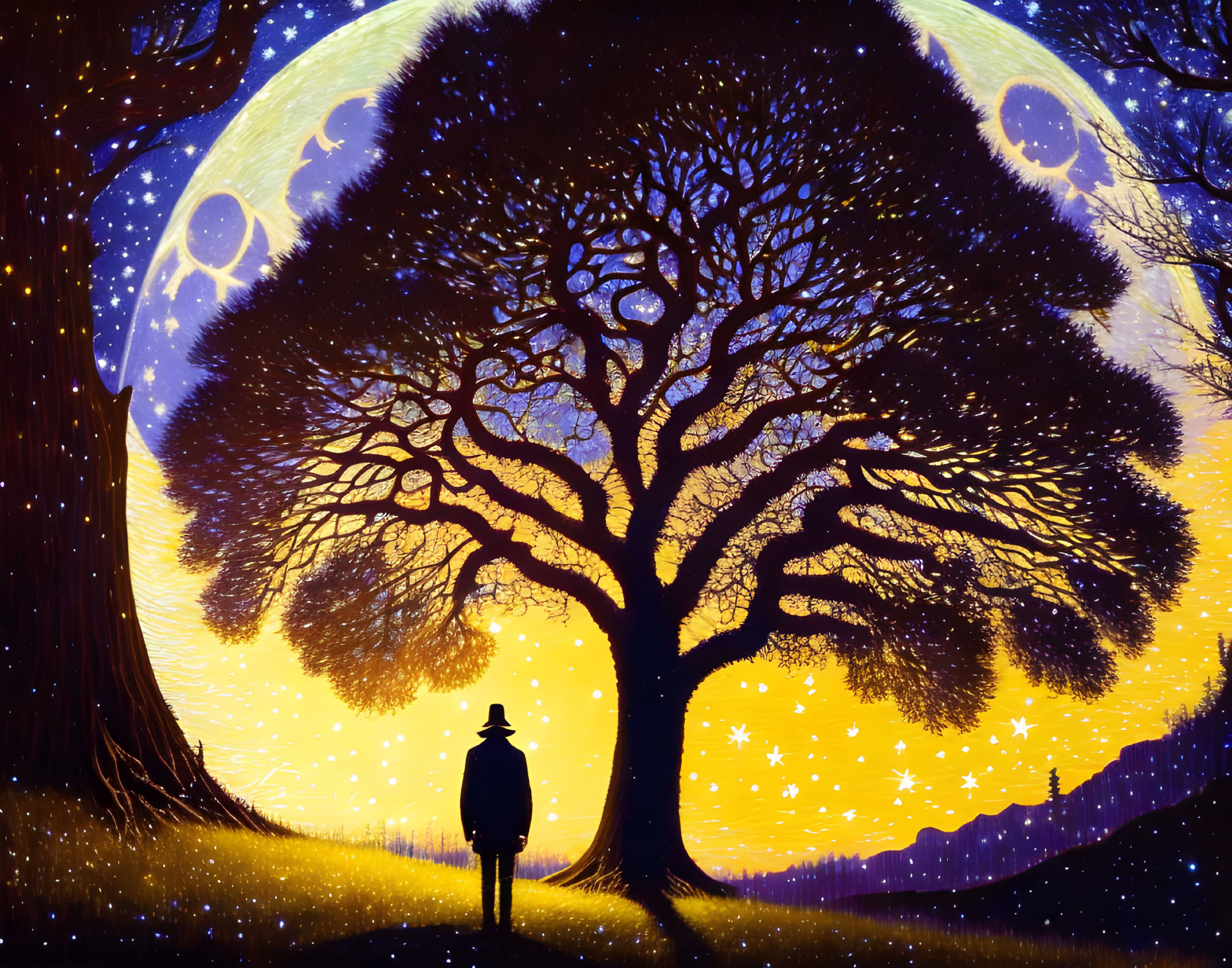 Silhouette under grand tree with cosmic scene of planets and stars