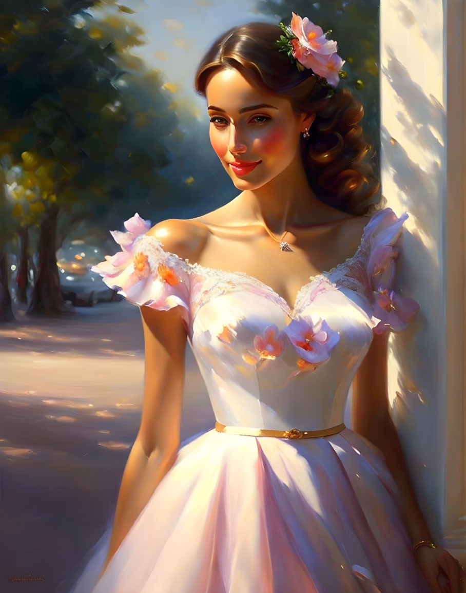 Woman in White Dress with Floral Accents Standing in Sunny Setting