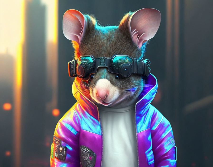 Colorful Jacket Mouse Illustration in Cityscape Dusk Scene