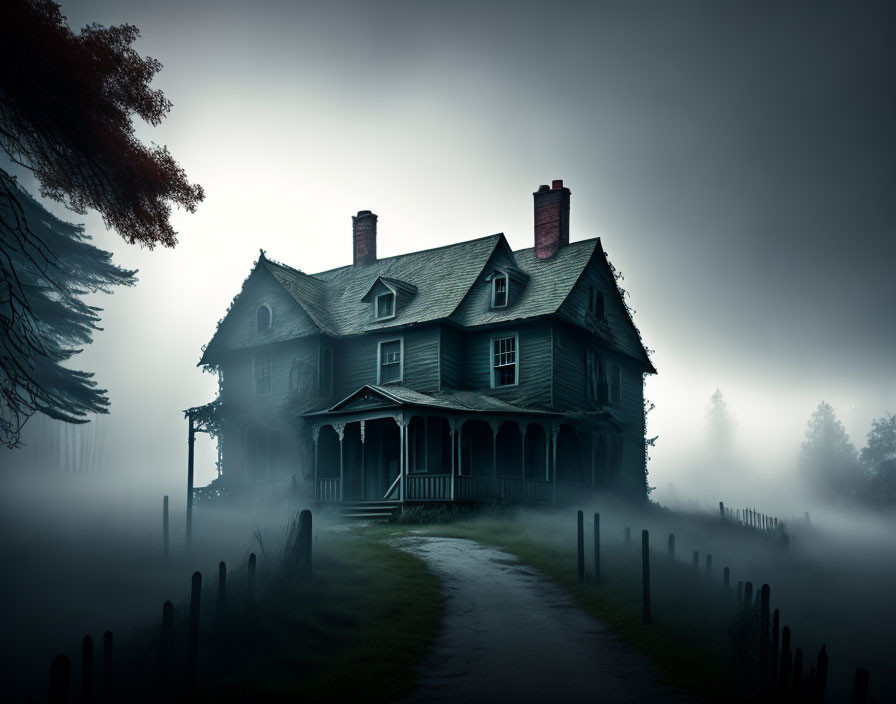 Spooky two-story house in fog with barren trees