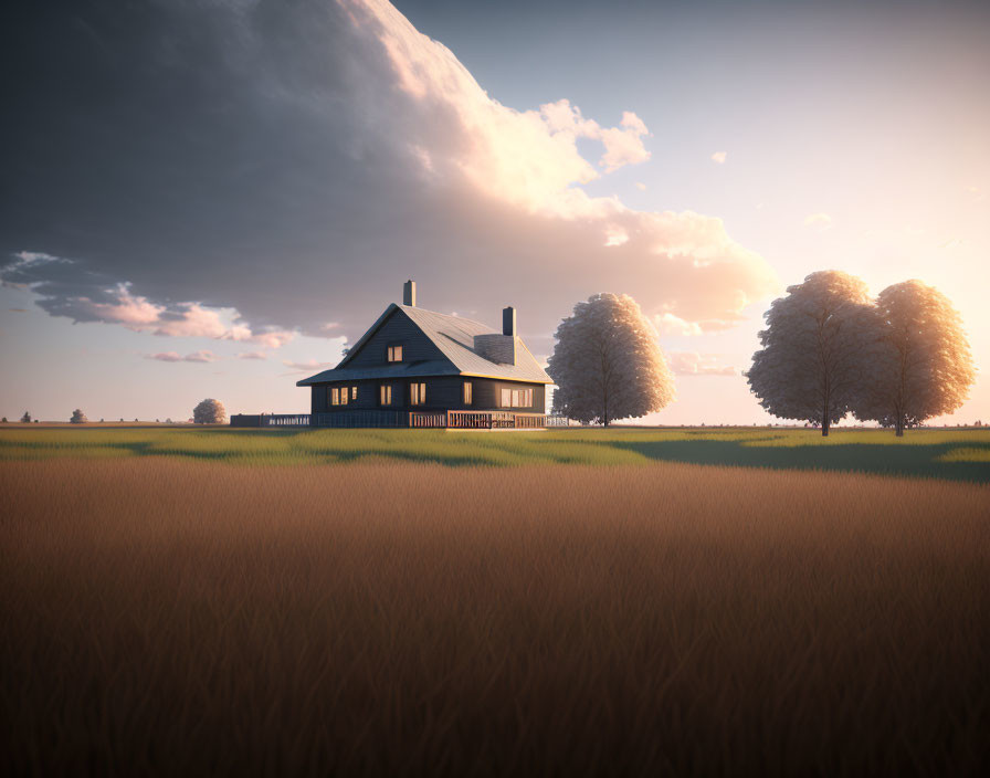 Tranquil wheat field landscape with solitary house and trees at dusk