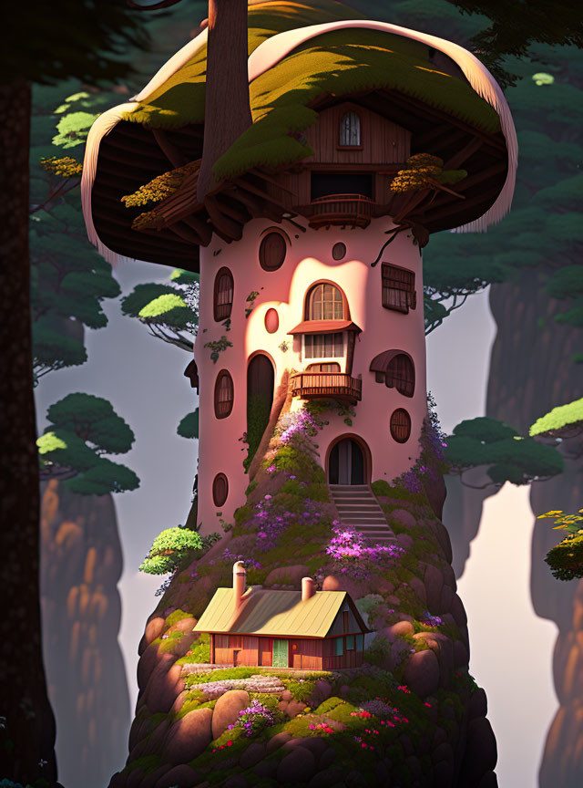 Whimsical tall treehouse with mushroom cap roof in forest