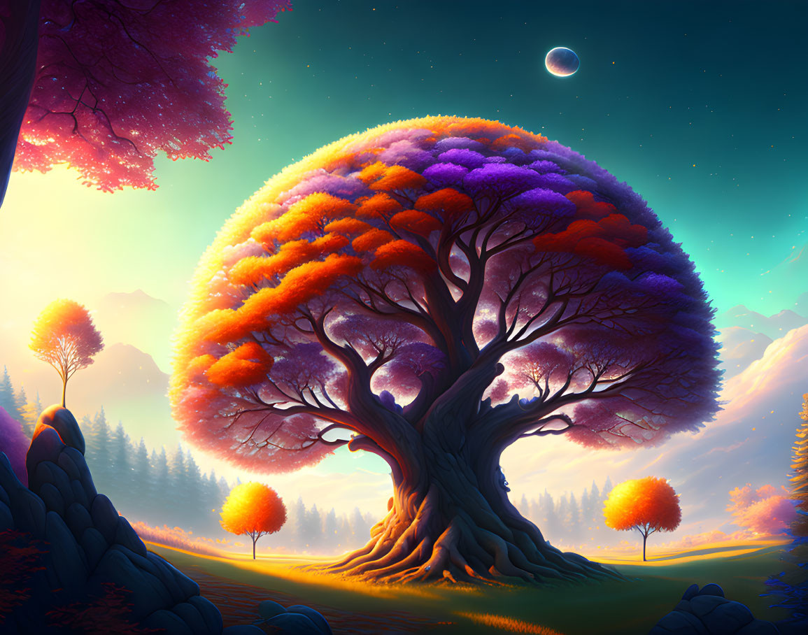 Colorful Fantasy Landscape with Large Tree Under Twilight Sky