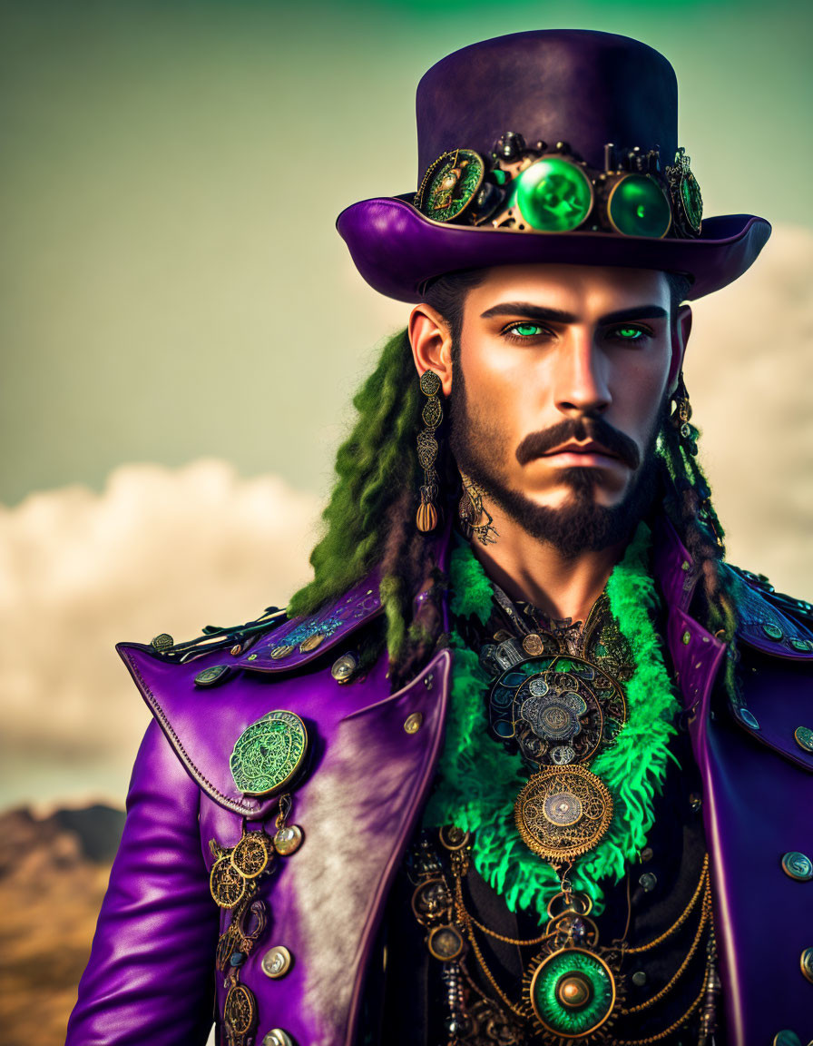 Man with Green Skin Wearing Purple Top Hat and Jacket