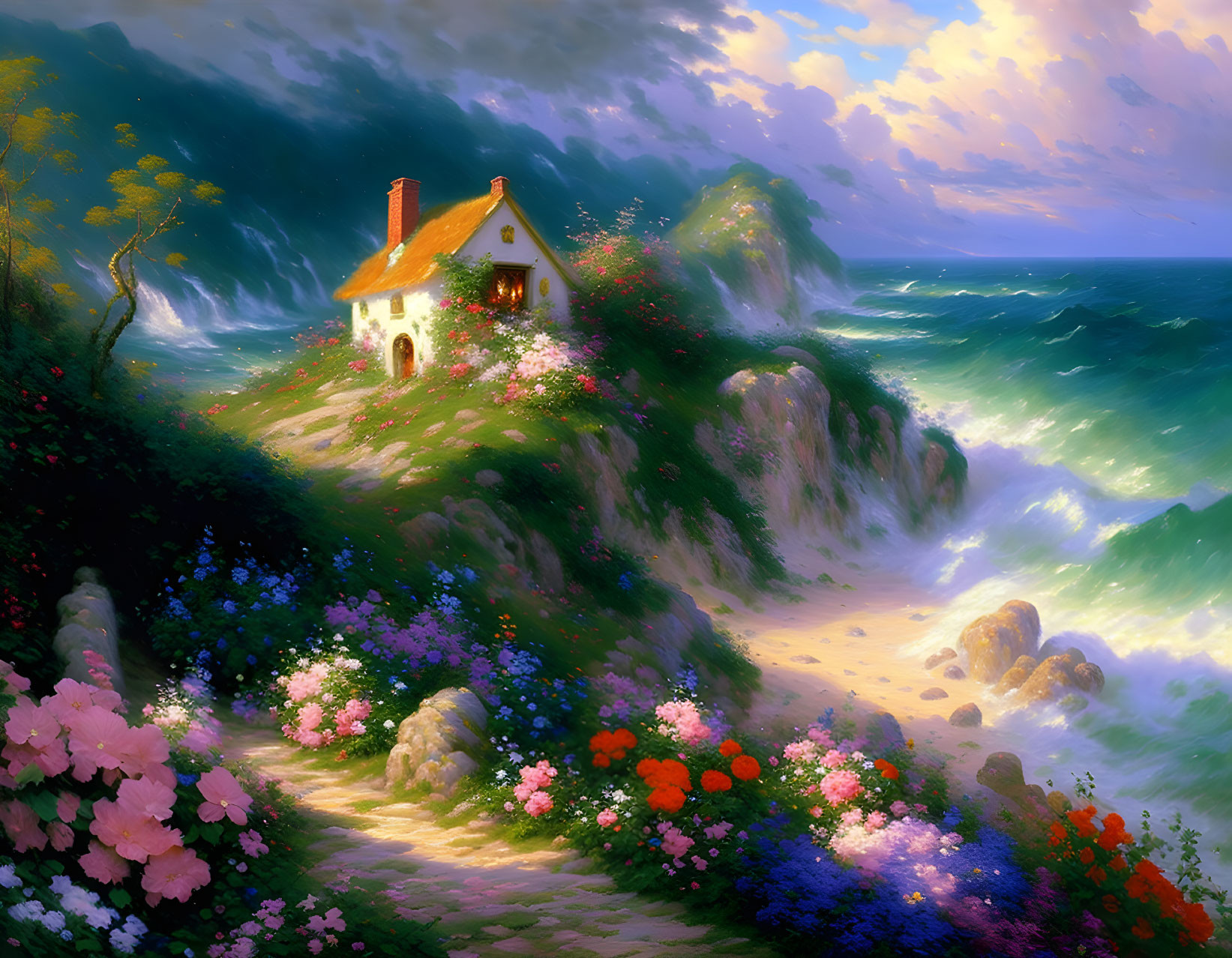 Seaside cliff cottage with vibrant flowers and dramatic sunset sky