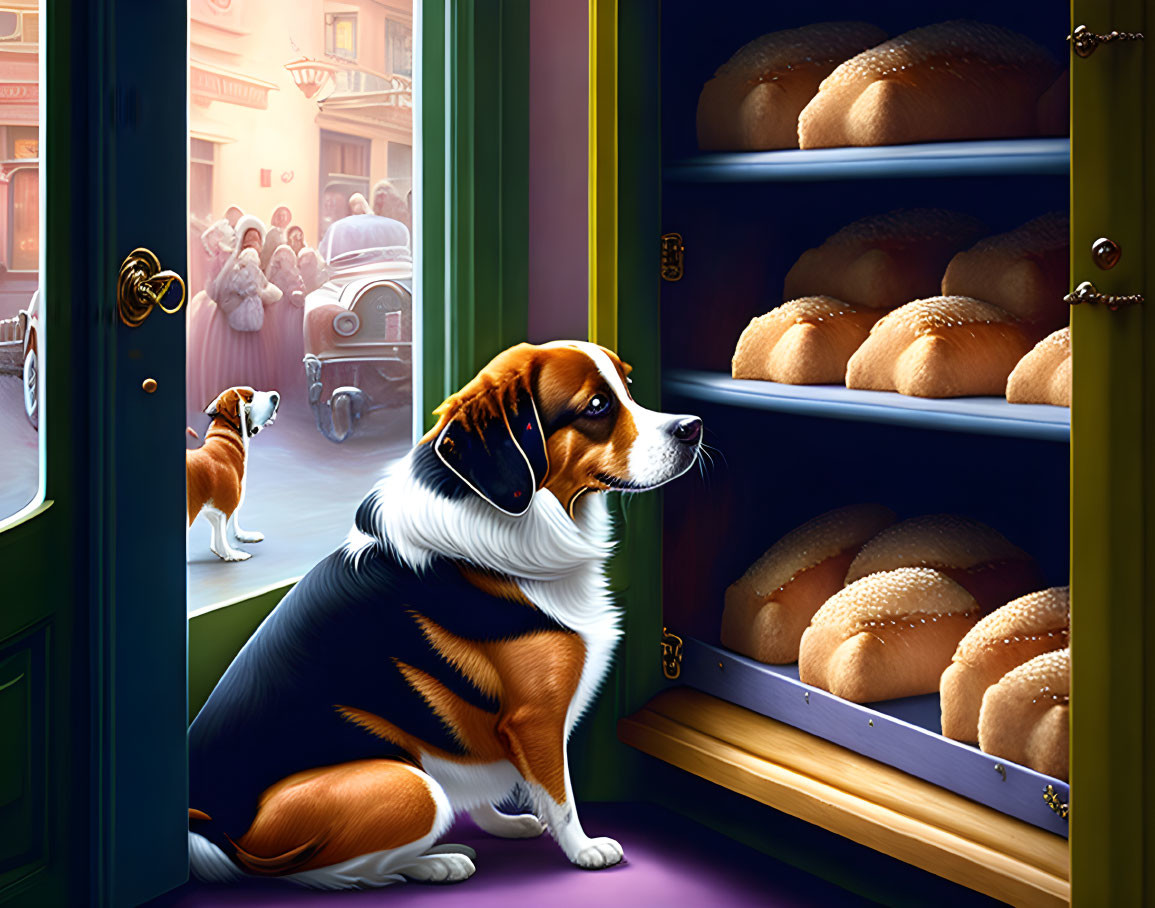 Dog in bakery gazes at street scene with bread shelves.