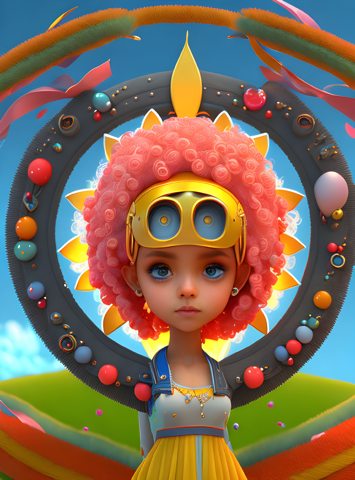 Whimsical animated character with blue eyes and red hair in yellow goggles