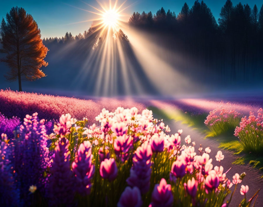 Misty forest with pink and purple flowers at sunrise