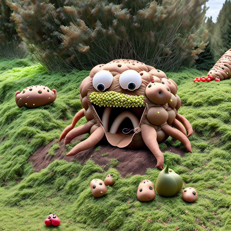 Cartoonish 3D illustration of a whimsical creature on grassy mound