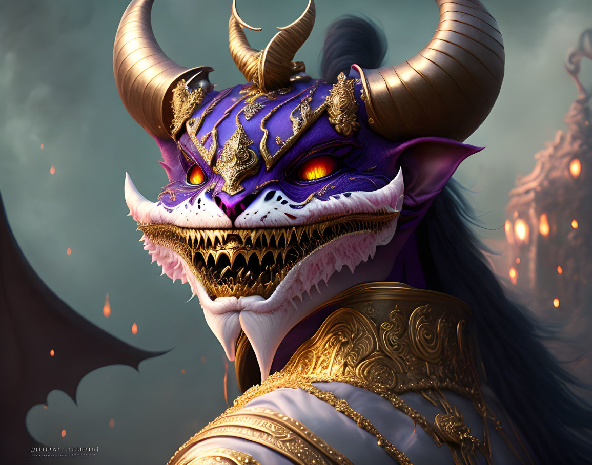 Fantasy creature with feline face, large horns, purple skin, golden armor, fiery backdrop