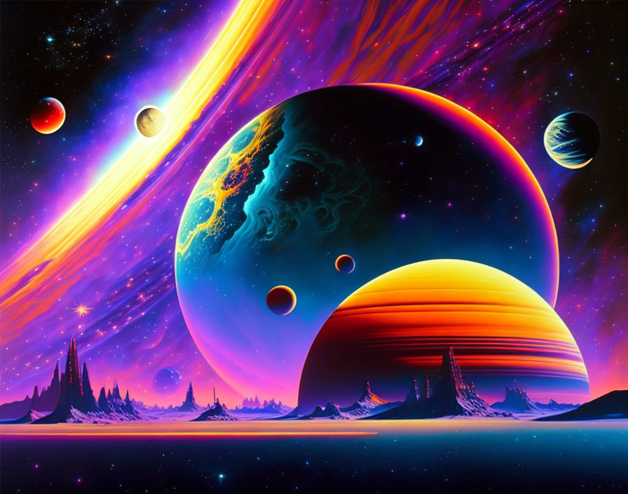 Colorful celestial bodies in vibrant space scene