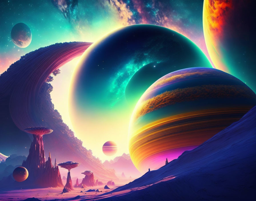 Colorful Planets and Alien Terrain in Vibrant Sci-Fi Landscape