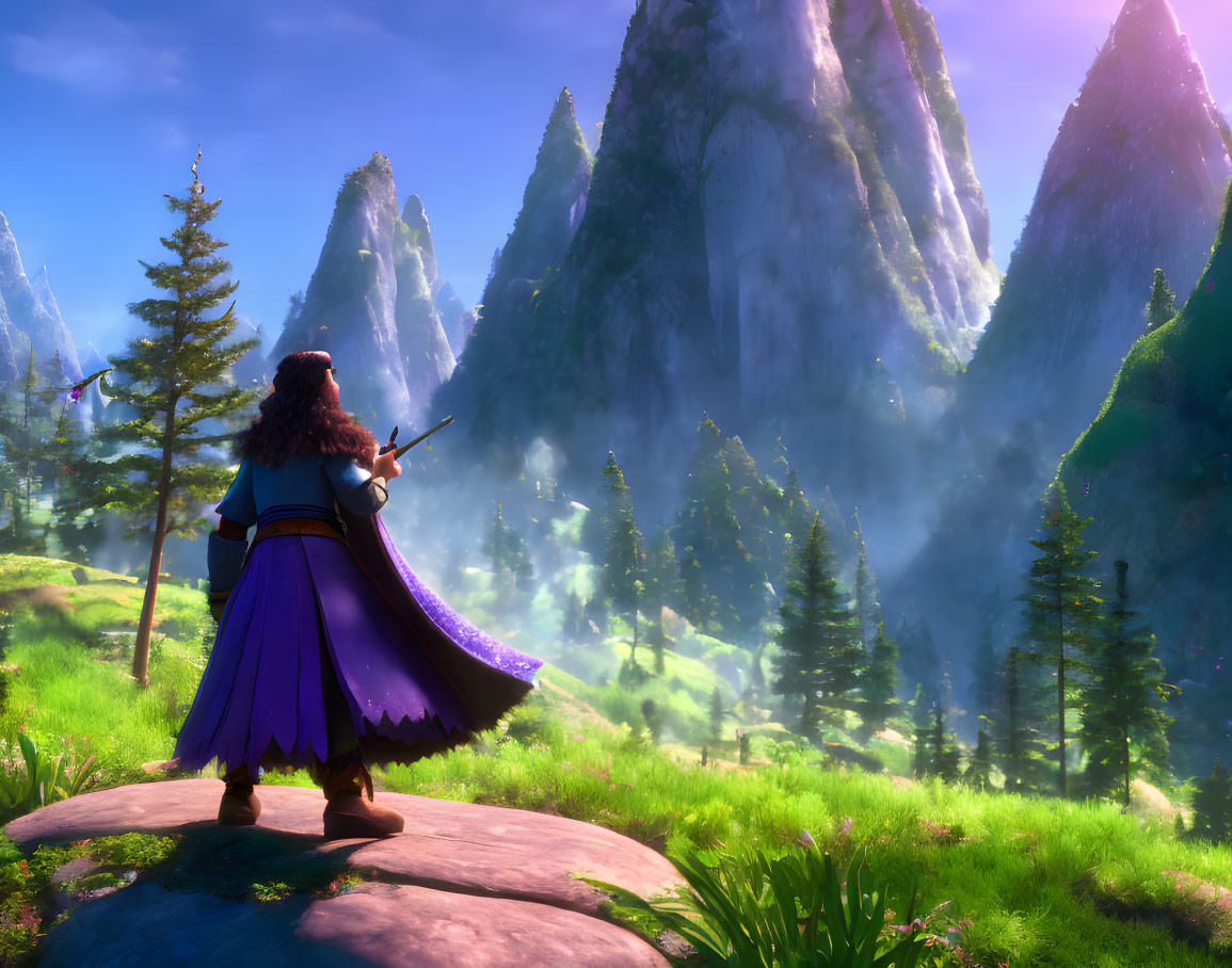 Bow-wielding character gazes at vibrant fantasy landscape