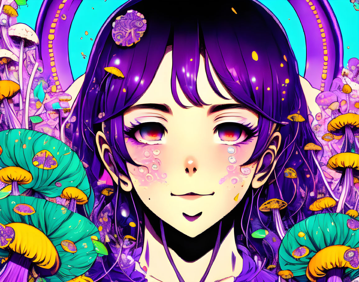 Colorful illustration: Girl with purple hair, glowing mushrooms, and ethereal bubbles